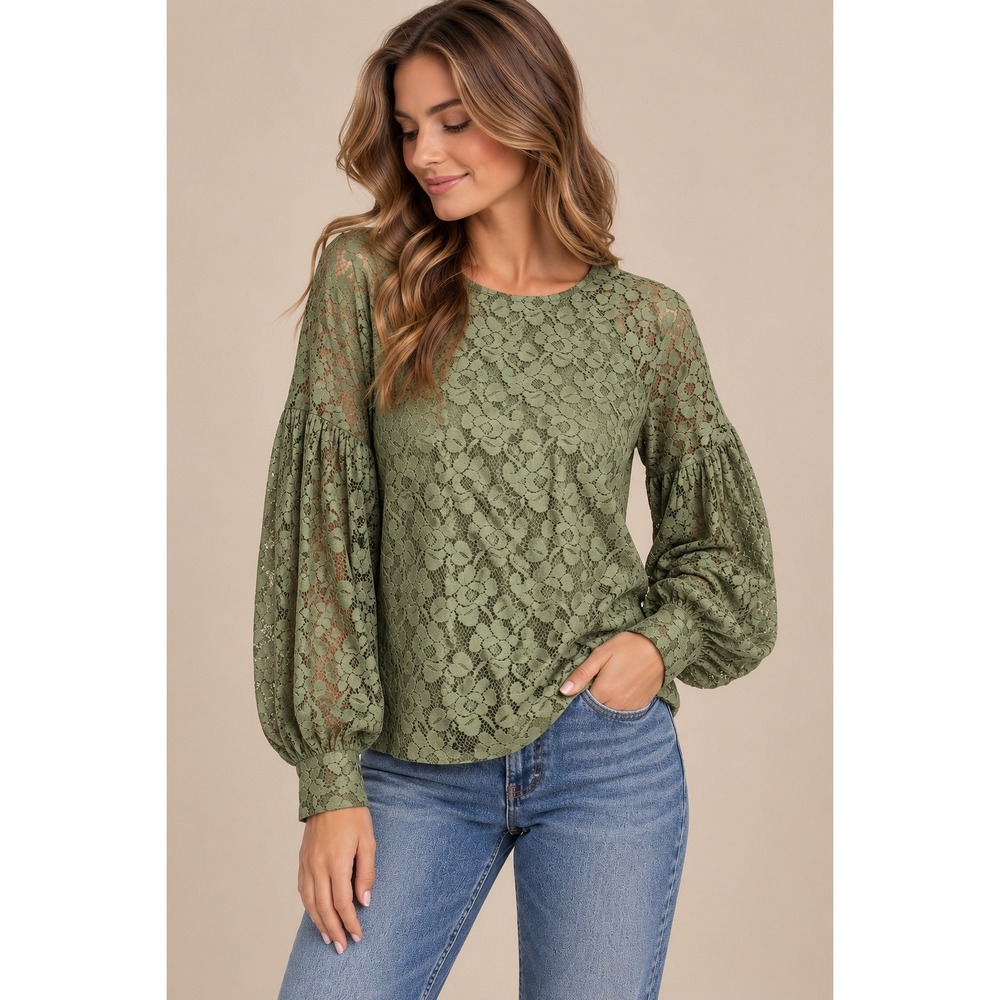 Banana Republic Womens Top Small Olive Green Lace Pleated Balloon Sleeve Blouse